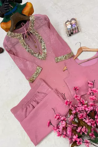 pink color sequence and zari work silk blend salwar suit
