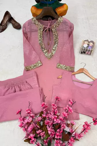 pink color sequence and zari work silk blend salwar suit