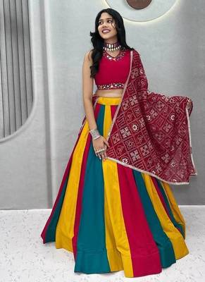 Rani Pink beautiful multi colour kadi Cotton Navratri Lahenga Choli Set 1