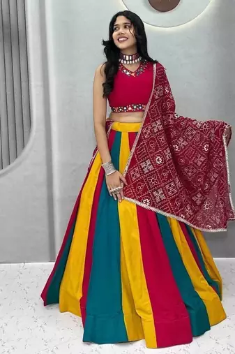 Rani Pink beautiful multi colour kadi Cotton Navratri Lahenga Choli Set
