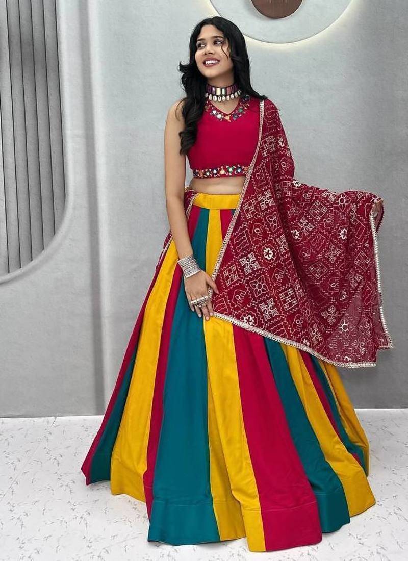 Rani Pink beautiful multi colour kadi Cotton Navratri Lahenga Choli Set