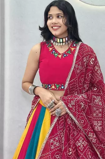 Rani Pink beautiful multi colour kadi Cotton Navratri Lahenga Choli Set