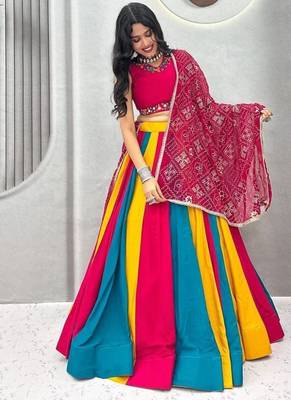Rani Pink beautiful multi colour kadi Cotton Navratri Lahenga Choli Set 3