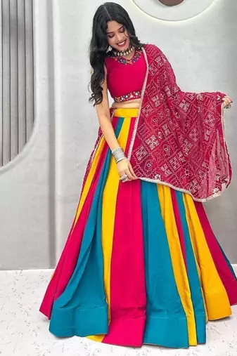 Rani Pink beautiful multi colour kadi Cotton Navratri Lahenga Choli Set
