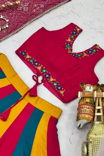 Rani Pink beautiful multi colour kadi Cotton Navratri Lahenga Choli Set