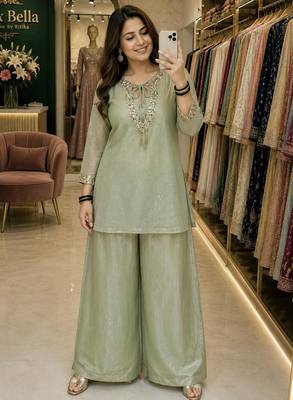 sea green color sequence and zari work silk blend salwar suit 1