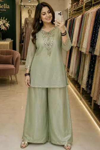 sea green color sequence and zari work silk blend salwar suit