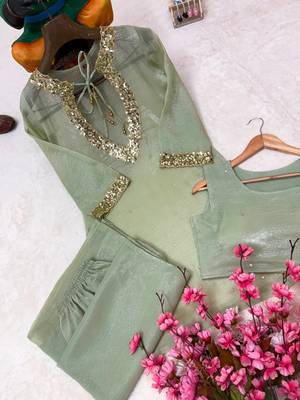 sea green color sequence and zari work silk blend salwar suit 3