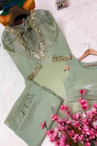 sea green color sequence and zari work silk blend salwar suit