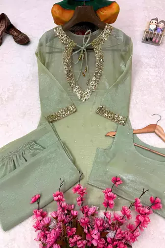 sea green color sequence and zari work silk blend salwar suit