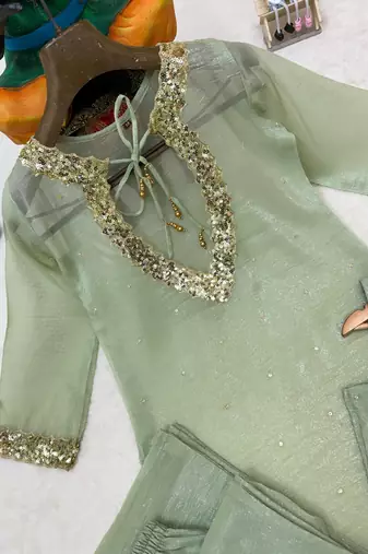 sea green color sequence and zari work silk blend salwar suit