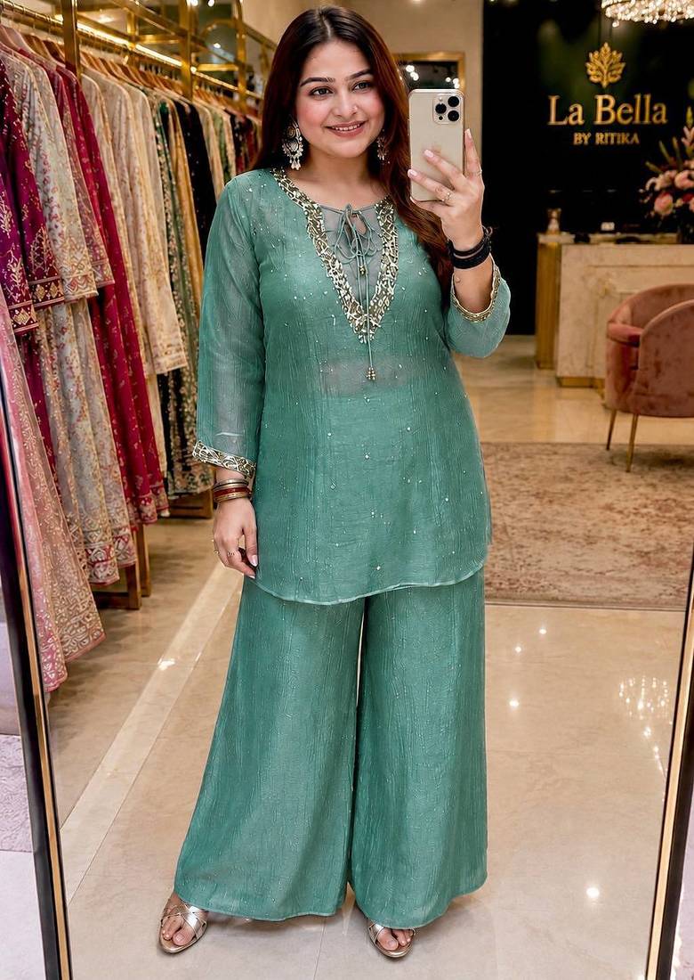 sky blue color sequence and zari work silk blend salwar suit