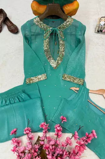 sky blue color sequence and zari work silk blend salwar suit