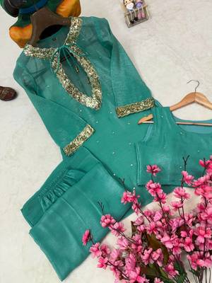 sky blue color sequence and zari work silk blend salwar suit 4