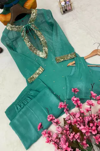 sky blue color sequence and zari work silk blend salwar suit