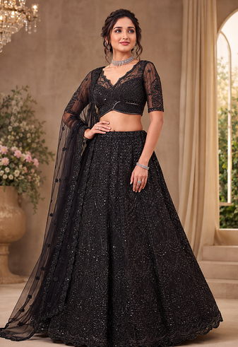 black color Sequence work Zari Motif Handwork Net Lehenga Choli set