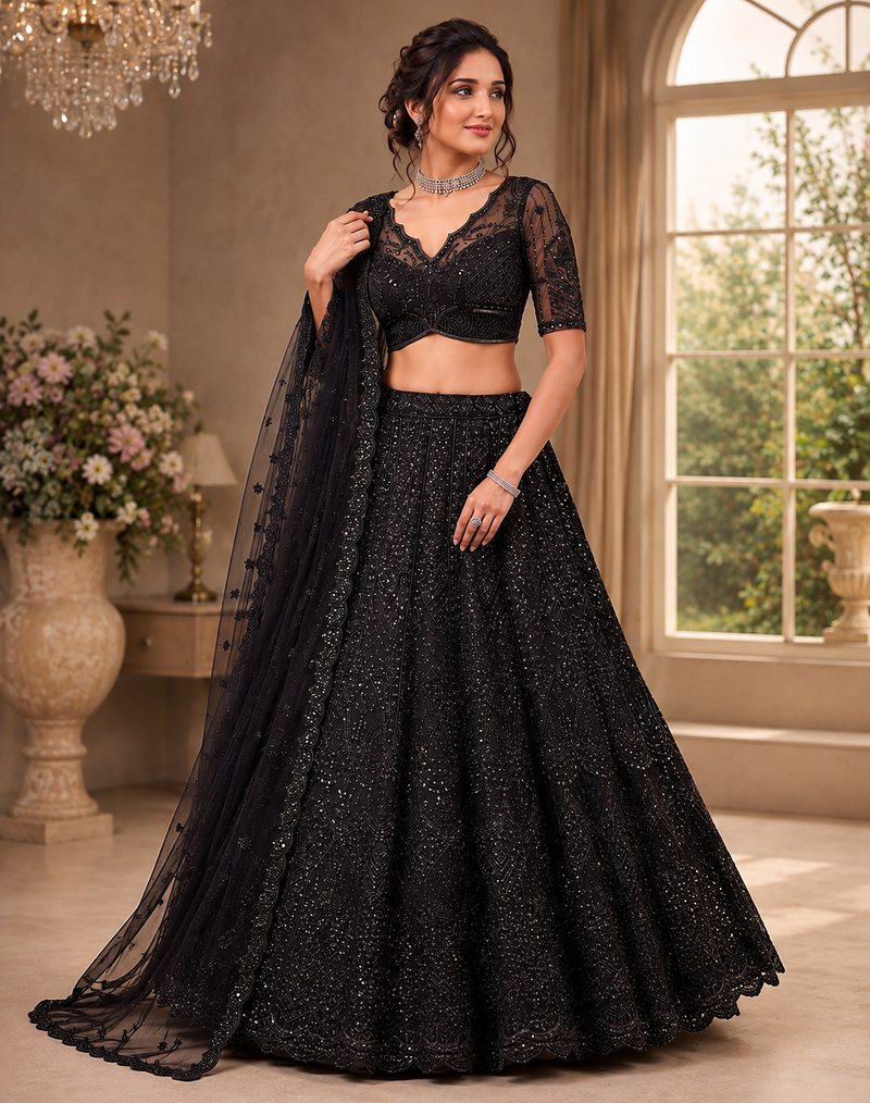 black color Sequence work Zari Motif Handwork Net Lehenga Choli set