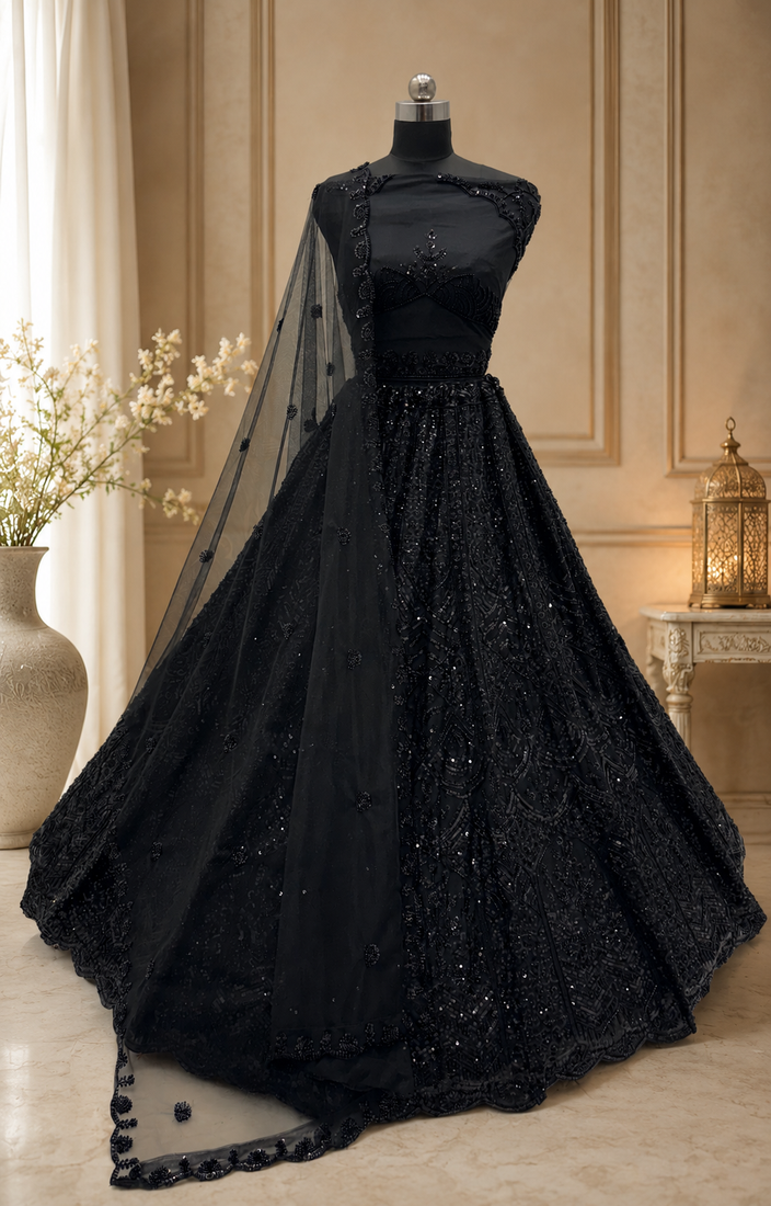 black color Sequence work Zari Motif Handwork Net Lehenga Choli set