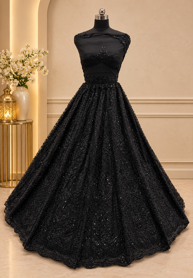 black color Sequence work Zari Motif Handwork Net Lehenga Choli set