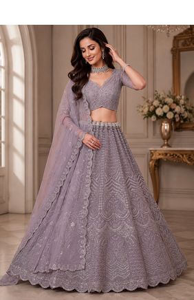 lavender color Sequence work Zari Motif Handwork Net Lehenga Choli set 1