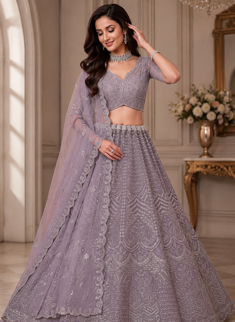 lavender color Sequence work Zari Motif Handwork Net Lehenga Choli set