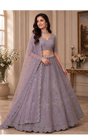 lavender color Sequence work Zari Motif Handwork Net Lehenga Choli set 2