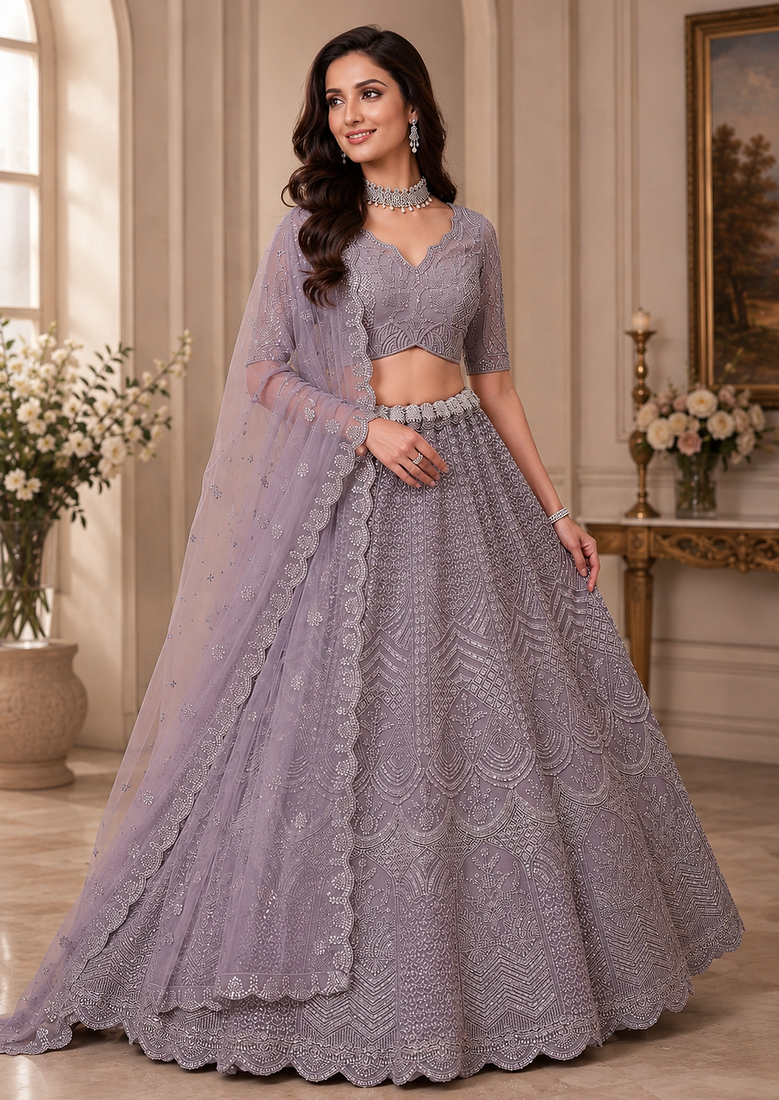 lavender color Sequence work Zari Motif Handwork Net Lehenga Choli set