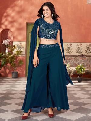Women’s teal blue embroidered georgette crop top with palazzo 1