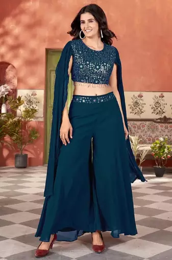 Women’s teal blue embroidered georgette crop top with palazzo