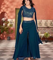 Women’s teal blue embroidered georgette crop top with palazzo