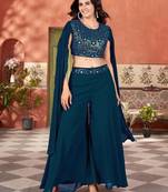 Women’s teal blue embroidered georgette crop top with palazzo