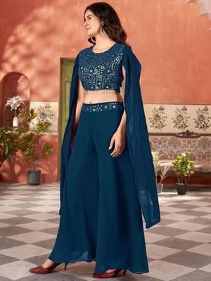 Women’s teal blue embroidered georgette crop top with palazzo 2