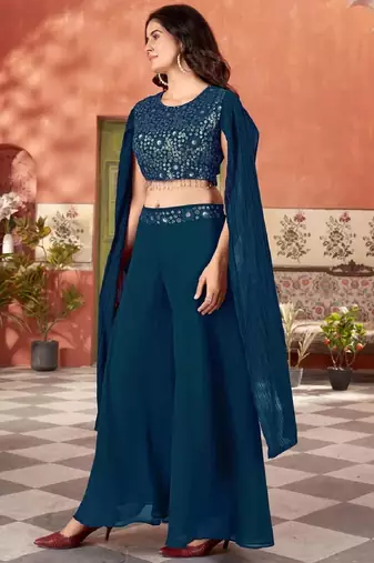 Women’s teal blue embroidered georgette crop top with palazzo