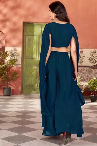 Women’s teal blue embroidered georgette crop top with palazzo
