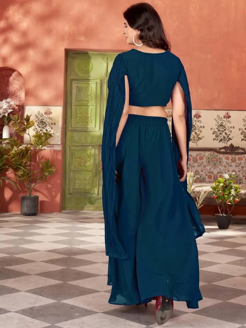 Women’s teal blue embroidered georgette crop top with palazzo