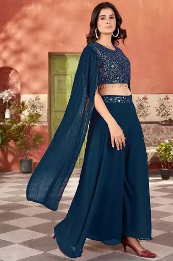 Women’s teal blue embroidered georgette crop top with palazzo