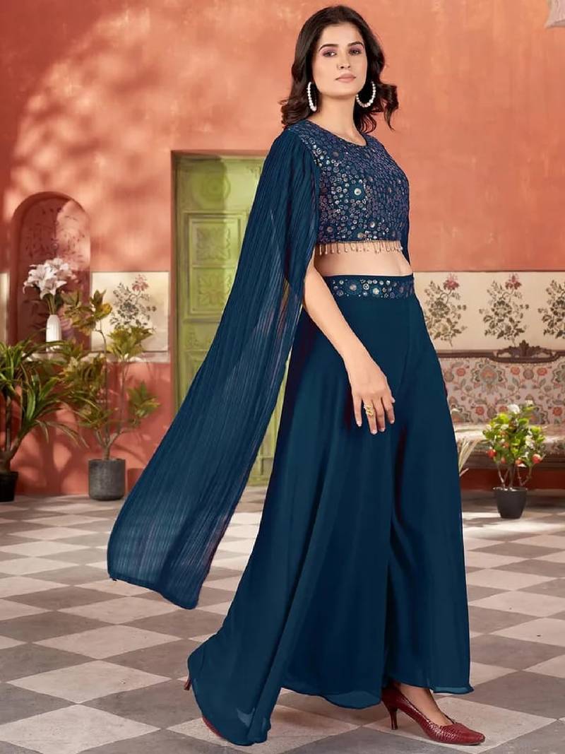 Women’s teal blue embroidered georgette crop top with palazzo