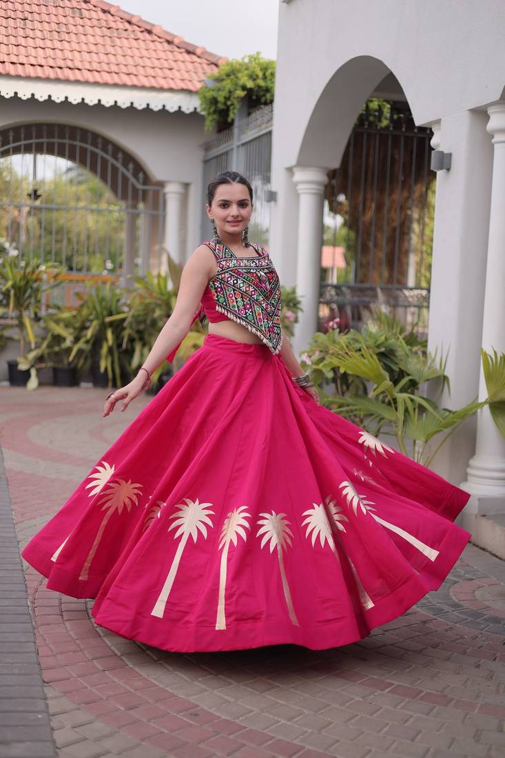 Navratri Roman Lehenga Choli - Coconut Gota & Kutchi Gamthi Embroidery - free size
