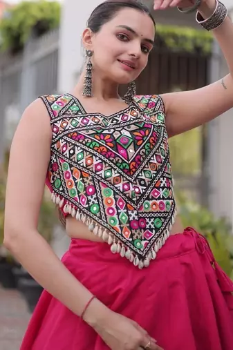 Navratri Roman Lehenga Choli - Coconut Gota & Kutchi Gamthi Embroidery - free size