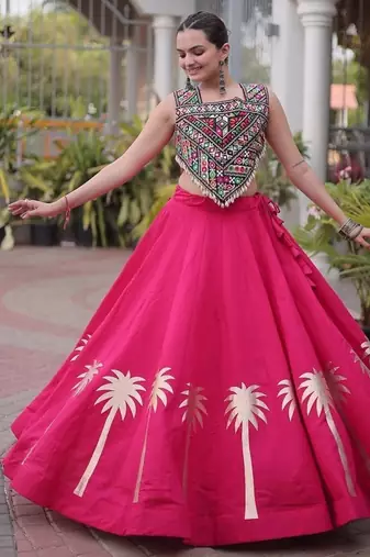 Navratri Roman Lehenga Choli - Coconut Gota & Kutchi Gamthi Embroidery - free size