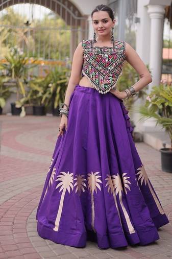 Navratri Roman Lehenga Choli - Coconut Gota & Kutchi Gamthi Embroidery - free size