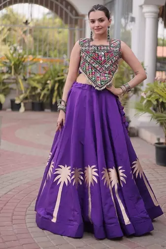 Navratri Roman Lehenga Choli - Coconut Gota & Kutchi Gamthi Embroidery - free size