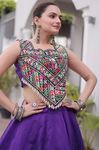 Navratri Roman Lehenga Choli - Coconut Gota & Kutchi Gamthi Embroidery - free size