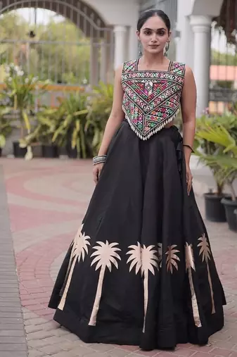 Navratri Roman Lehenga Choli - Coconut Gota & Kutchi Gamthi Embroidery - free size