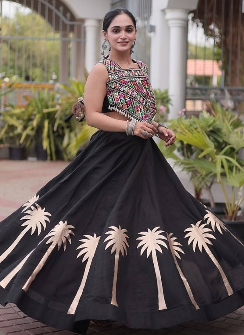 Navratri Roman Lehenga Choli - Coconut Gota & Kutchi Gamthi Embroidery - free size