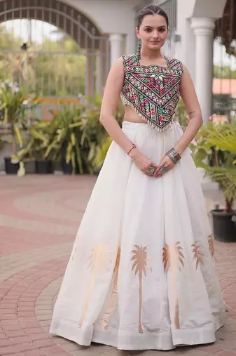 Navratri Roman Lehenga Choli - Coconut Gota & Kutchi Gamthi Embroidery - free size