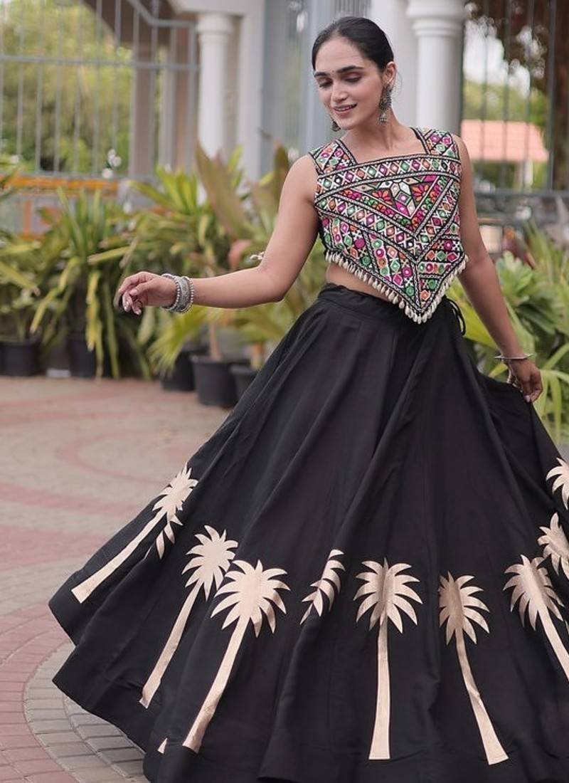 Navratri Roman Lehenga Choli - Coconut Gota & Kutchi Gamthi Embroidery - free size