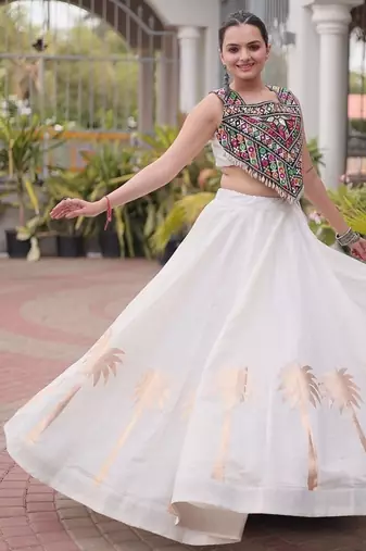 Navratri Roman Lehenga Choli - Coconut Gota & Kutchi Gamthi Embroidery - free size