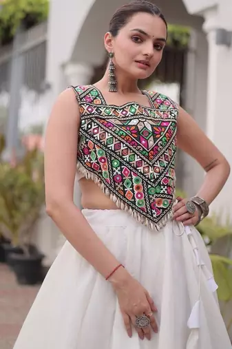 Navratri Roman Lehenga Choli - Coconut Gota & Kutchi Gamthi Embroidery - free size