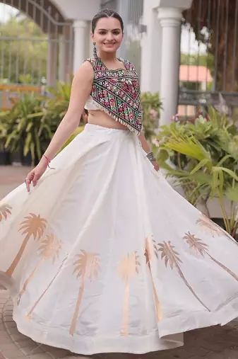 Navratri Roman Lehenga Choli - Coconut Gota & Kutchi Gamthi Embroidery - free size